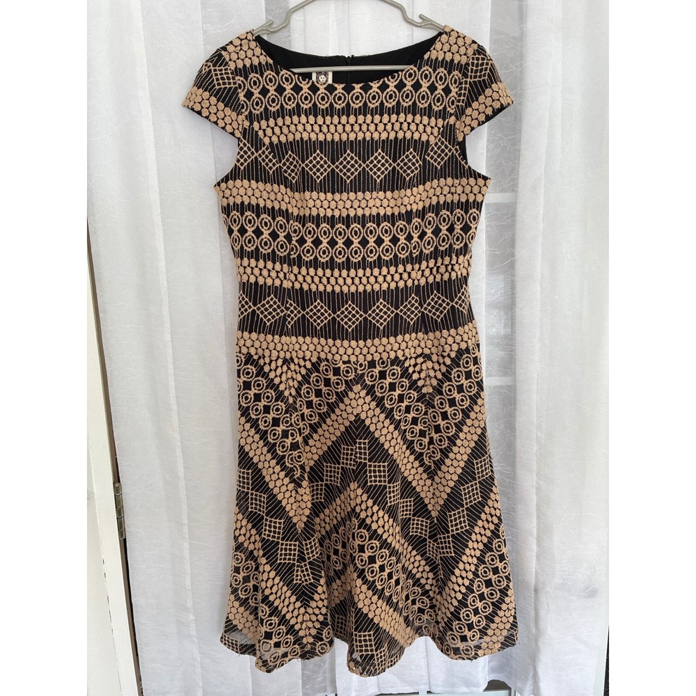 Anne Klein Womens Black Tan Geometric‎ Embroidered Fit Flare Cap Sleeve Dress 12